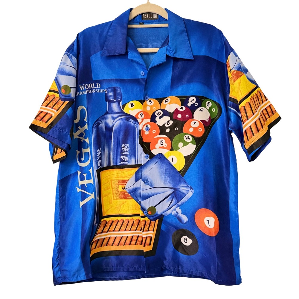VTG Ferugini Vegas World Championships‎ Billiards Cigar Blue Camp Shirt Mens XL